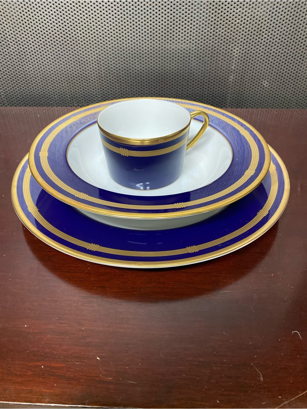Christian Dior Lapis Blue and Gold Porcelain 3-Piece Place Setting Rare Vintage